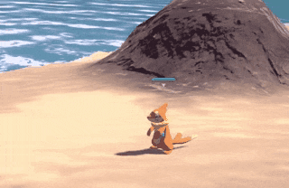 a cartoon character is standing on a sandy beach in front of a mountain