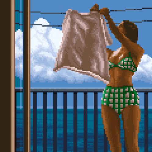 a pixel art of a woman in a bikini hanging a pillow on a clothes line