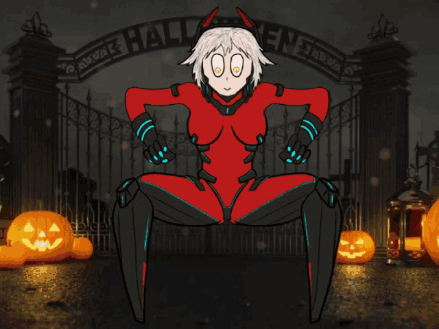 a cartoon of a girl sitting in front of a gate that says halloween
