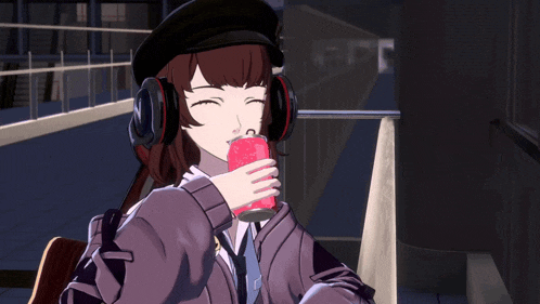 a girl wearing headphones and a hat is holding a cell phone