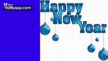 a happy new year greeting card with blue balls