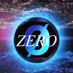 a blue and black circle with the word zero in white letters