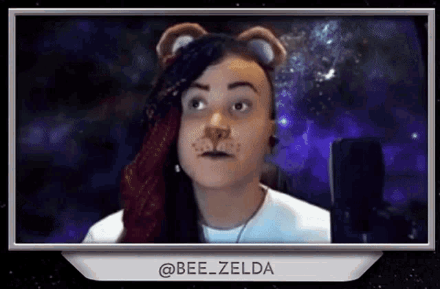 a woman wearing a bear mask is sitting in front of a microphone on a screen .