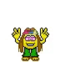 a pixel art cartoon character is giving a peace sign .