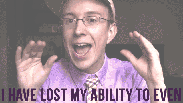 a man wearing glasses and a purple shirt says " i have lost my ability to even "