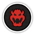 a red and black icon in a circle with a white border .