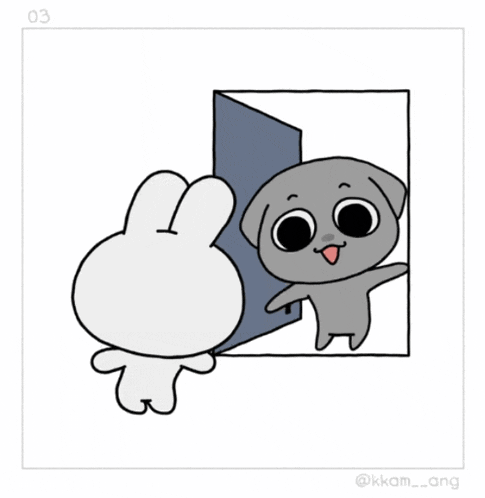 a cartoon of a rabbit and a cat looking out of a window