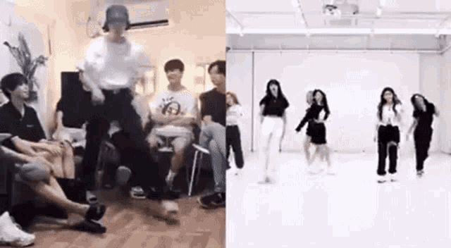 a group of people are dancing in a room and a group of people are dancing in a studio .