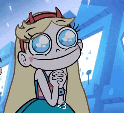 star butterfly from star vs the forces of evil is smiling with her hands folded and says < 3