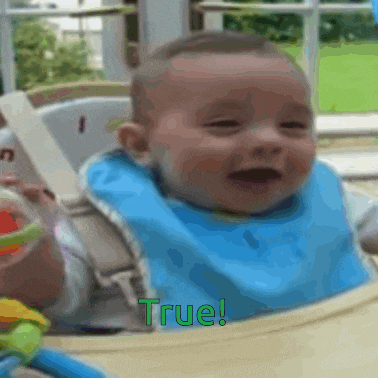 a baby wearing a blue bib is sitting in a high chair with the words true written on the bottom