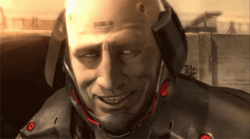 a close up of a man wearing a helmet and smiling with a barcode on his head