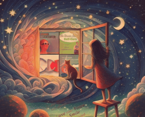 a painting of a girl looking out a window with a cat and a sign that says the ultimate self care