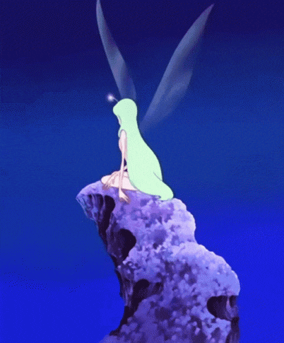 a fairy is sitting on top of a rock with a blue sky in the background