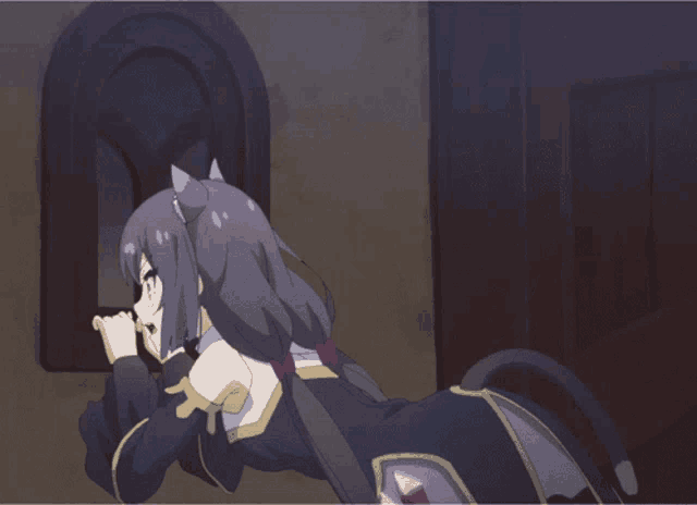 a cartoon girl with a cat tail is looking out a window