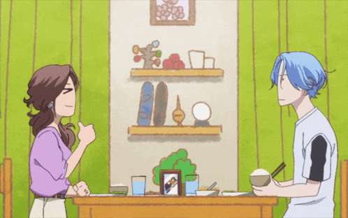 a man and a woman are sitting at a table and the man is asking the woman " what girl "