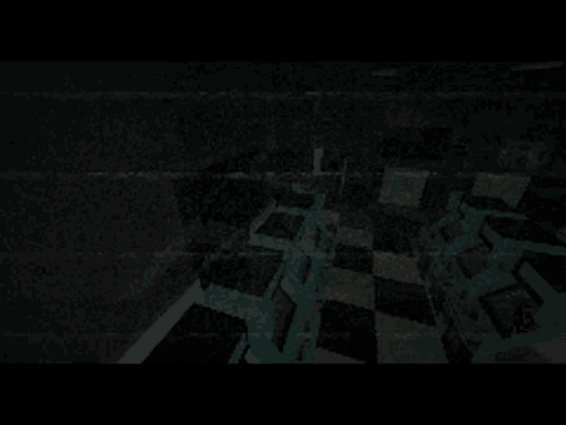 a dark room with a checkered floor and a few chairs in it