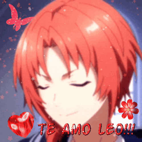 a picture of a red haired anime character with te amo leo written on it