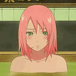 a girl with pink hair and green eyes is taking a bath in a tub .