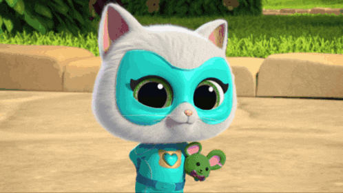 a cat wearing a mask and holding a mouse