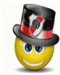 a smiley face is wearing a top hat with a shield on it .