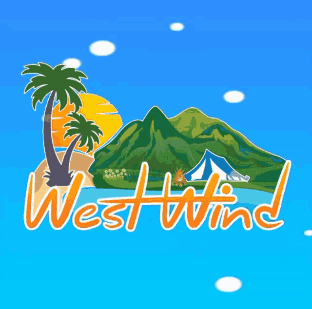a logo for westwind shows a tent on a tropical island