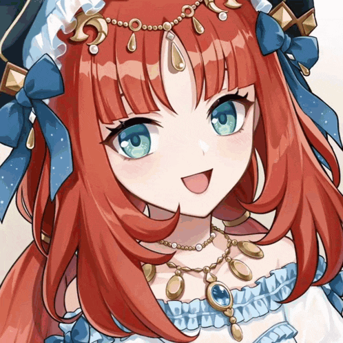a close up of a girl with red hair and blue eyes wearing a necklace