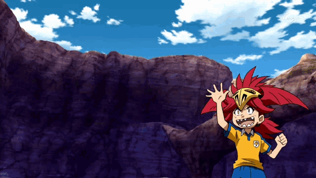 a cartoon character with red hair and a yellow shirt with a shield on the front