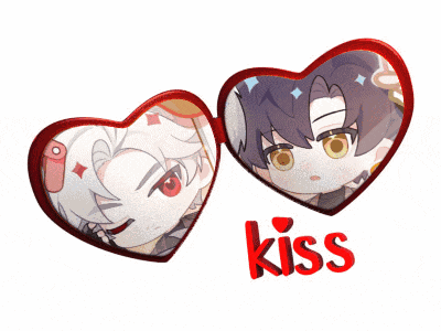 a pair of heart shaped glasses with the word kiss on the bottom right
