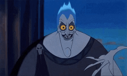 hades from hercules is a cartoon character with a skull on his shoulder and yellow eyes .