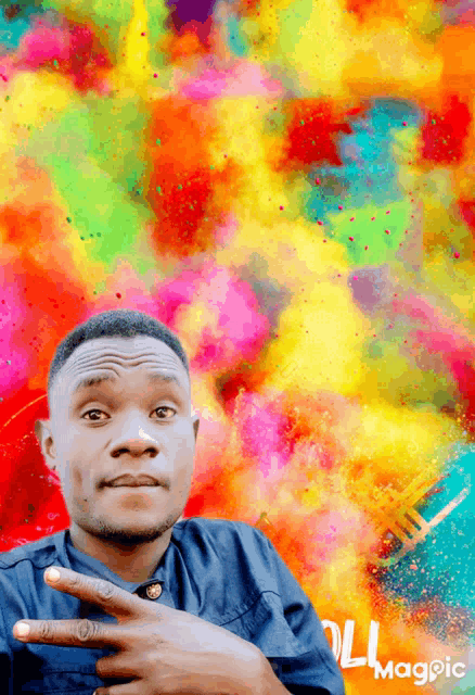a man in front of a colorful background that says lmagic
