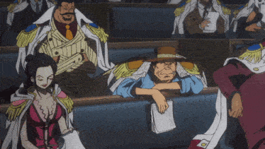a group of anime characters are sitting in a row including a woman in a red dress