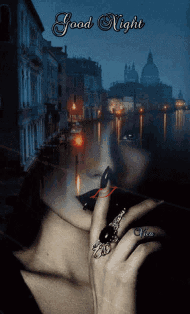 a picture of a woman with a ring on her finger and the words good night on the bottom