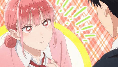 a girl with pink hair looks at a man in a suit