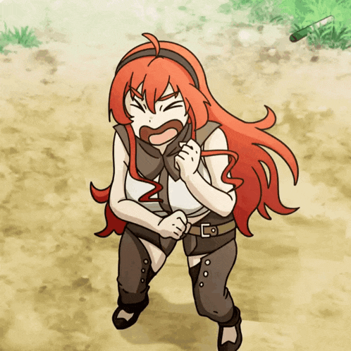 a cartoon drawing of a girl with red hair and a belt with the letter l on it