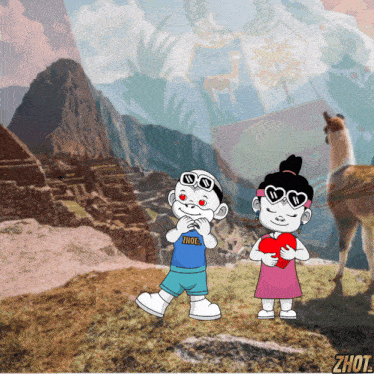 a cartoon of a boy and a girl holding a heart with the word zhou on the bottom