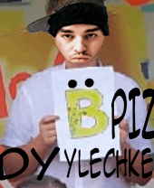 a man in a hat holds up a sign that says bpiz dy ylechke