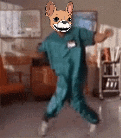 a cartoon drawing of a dog wearing scrubs and a name tag