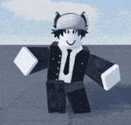 a roblox character wearing a hat and tie is standing on a tiled floor .