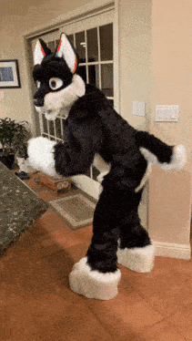 a black and white furry animal costume is standing in a room