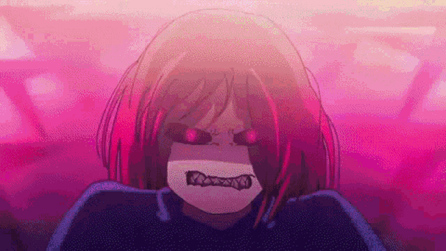 a cartoon girl with pink hair and red eyes is looking at the camera with a purple background .