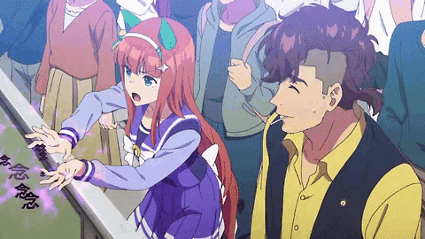 a man in a yellow vest stands next to a girl in a purple and blue outfit