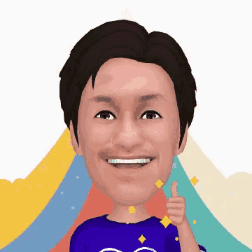 a man in a purple shirt is giving a thumbs up sign