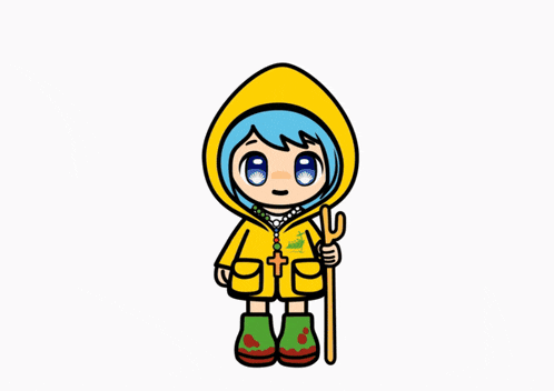 a cartoon drawing of a girl wearing a yellow raincoat