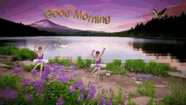 a picture of a lake with the words good morning written on it