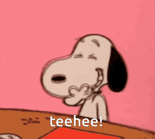 a cartoon of snoopy sitting at a table with the words teehee on the bottom right