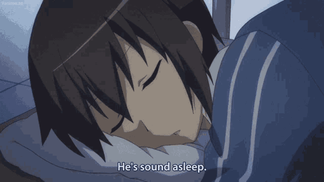 a person sleeping with the words he 's sound asleep written below them