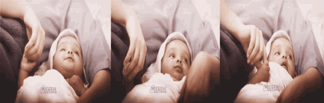 three images of a baby laying on a bed with a watermark that says pacifica
