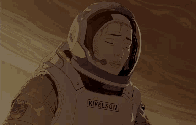 a drawing of a woman in a space suit with kivelson written on her chest