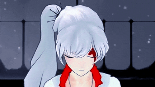 a cartoon character with white hair and a red shirt has her eyes closed