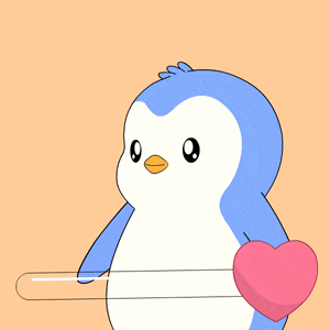 a blue and white penguin with heart shaped eyes and a pink heart in its chest